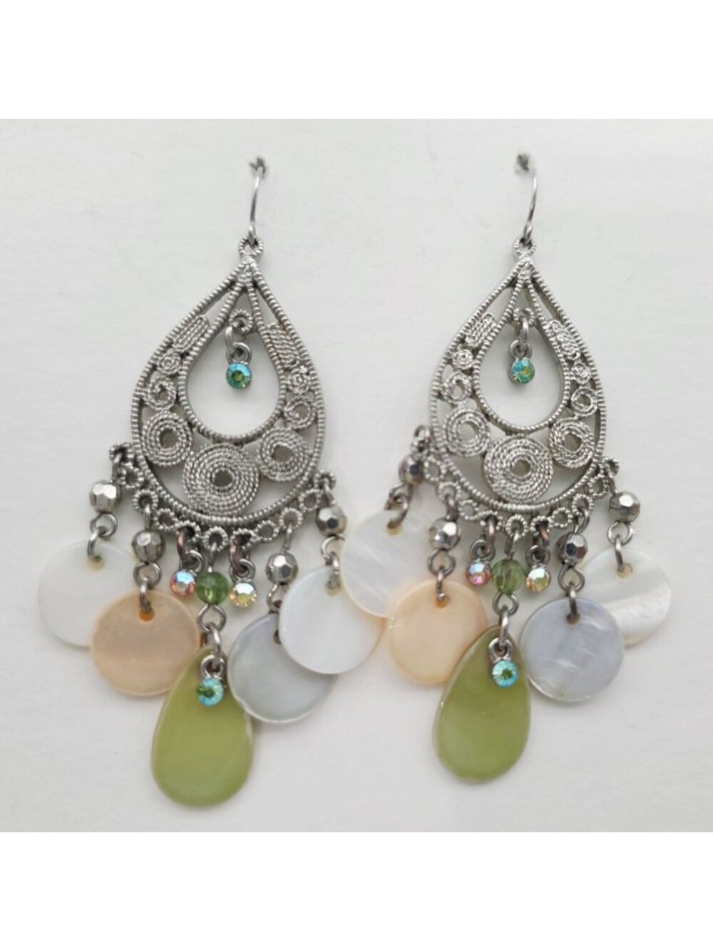 Boho Silver Chandelier Earrings With Shell Teardrop Pendants & Rhinestone Accent